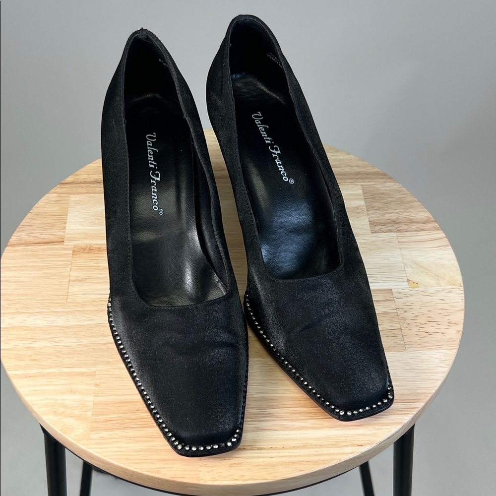 Valenti Franco Women’s Black Shimmer Block Heels with Silver Accents Size 7.5
